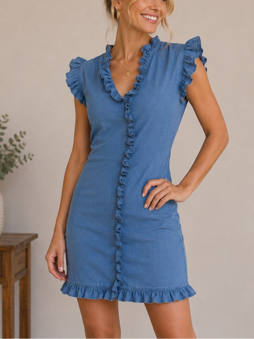 Denim Blue Ruffled Sleeveless Jean Dress Size Medium Ruffled hem & collar